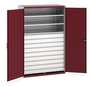 40022089.** Bott cubio kitted cupboard with lockable steel perfo lined doors 1050mm wide x 650mm deep x 2000mm high.  Supplied with 9 x 125mm high drawers and 3 x metal shelves.   Drawer capacity 75kgs, shelf capacity 160kgs. ...